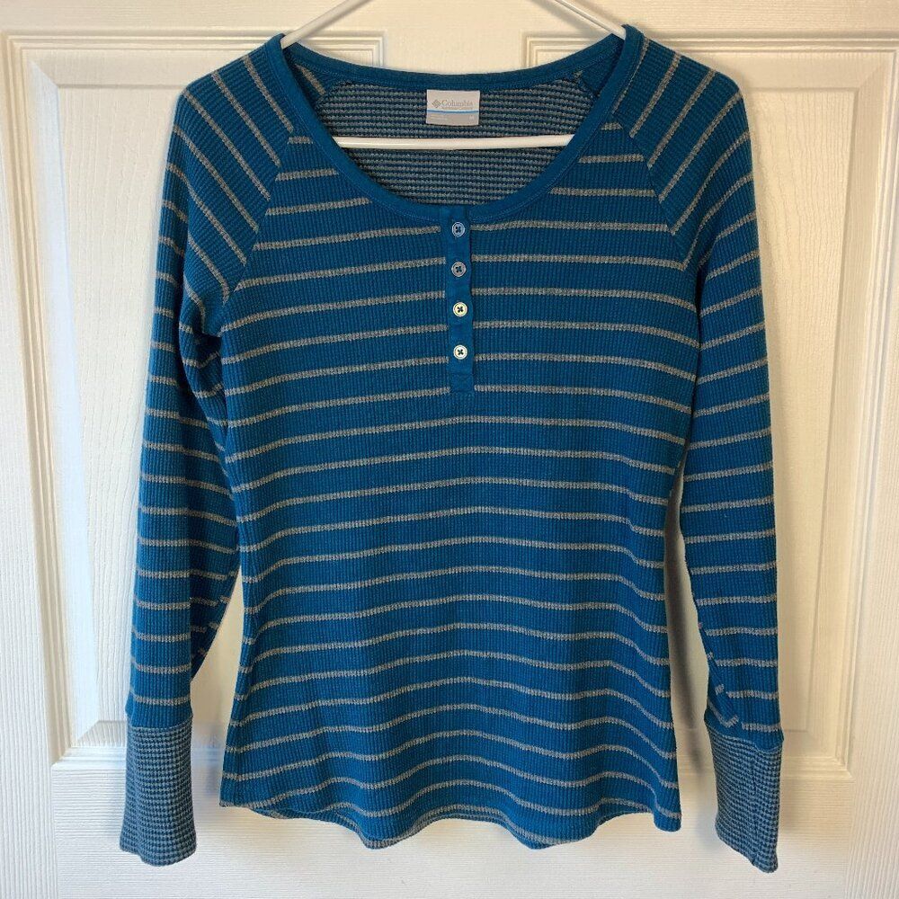 Columbia Women's Teal Blue Striped Long Sleeve Henley
